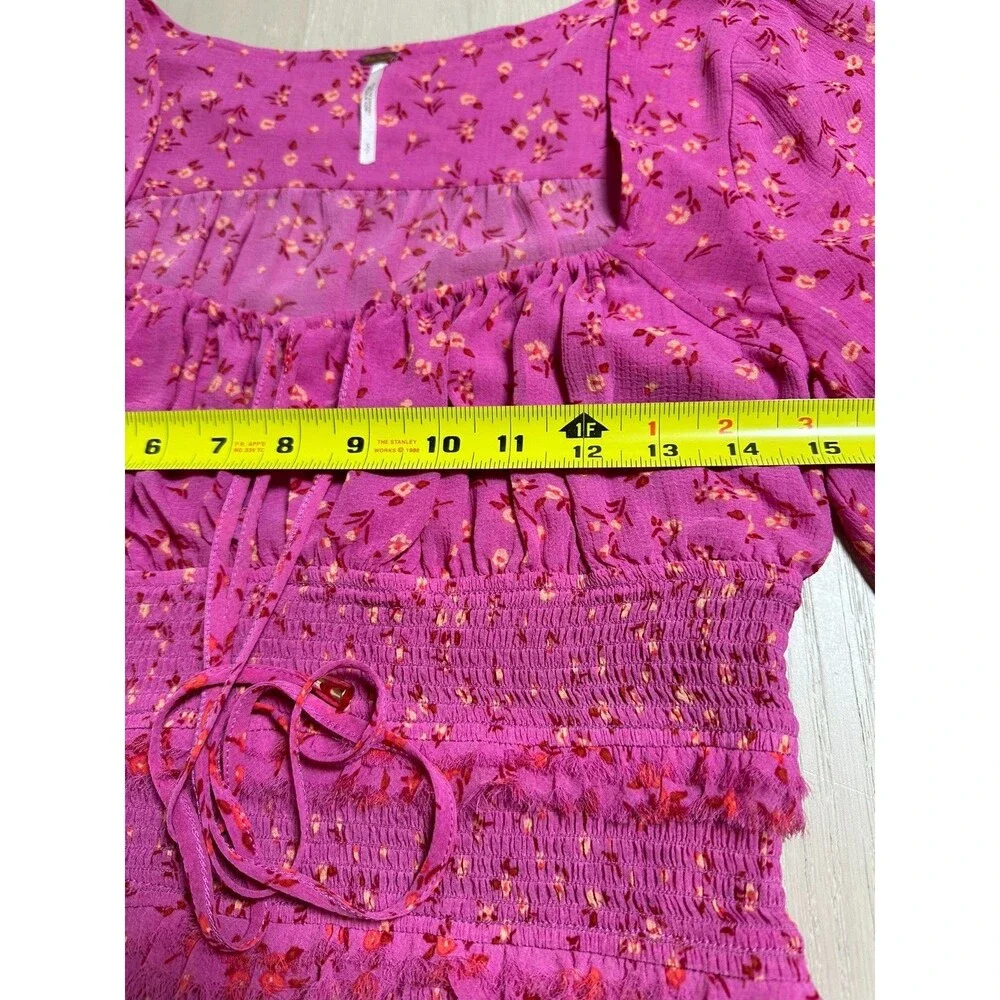 Free People Blouse Pink Floral Smocked Boho Peasant Cottagecore Festival Femme S